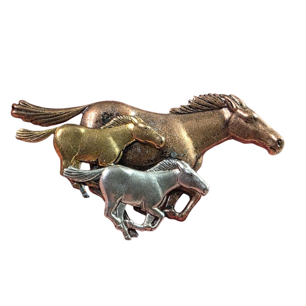 Vintage Tri Metal Running Horses Brooch Pin Equestrian Boho Southwestern - Picture 3 of 6